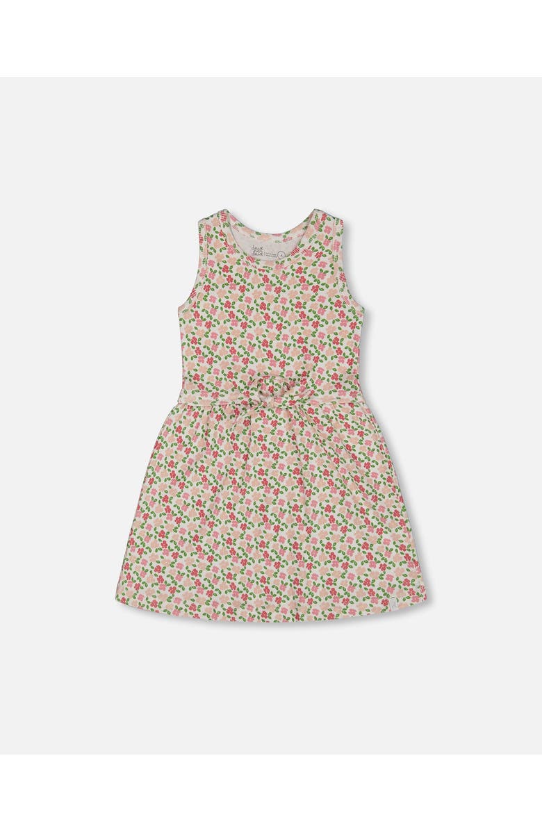 Deux par Deux Girl's Printed Ribbed Dress With Waist Tie Small Flowers On White Background, Main, color, 
