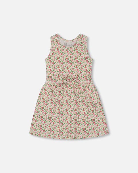 Little Girl's Printed Ribbed Dress With Waist Tie Small Flowers On White Background