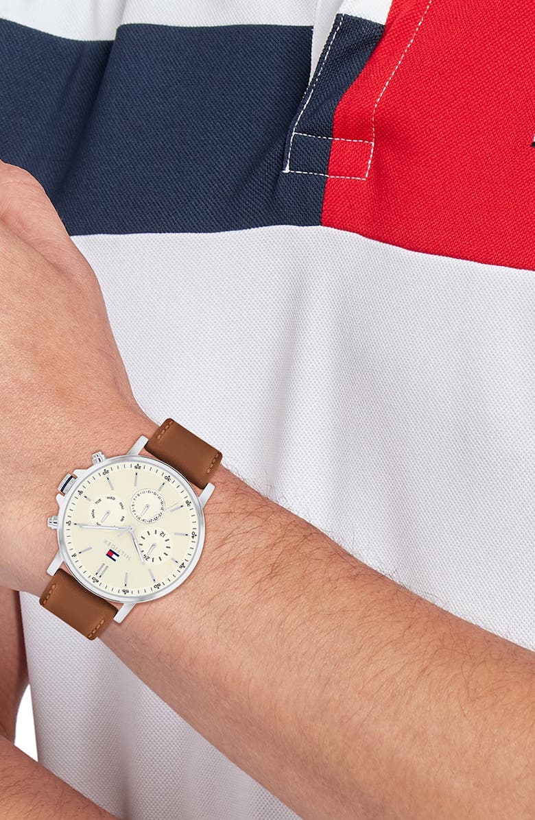 Tommy Hilfiger Tyson Chronograph Leather Strap Watch, 44mm, Alternate, color, Parchment