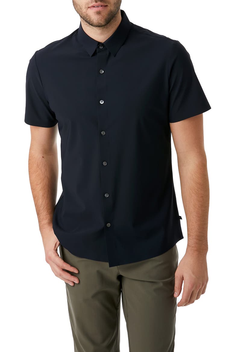 American Me Slim Fit Short Sleeve Button-Up Performance Shirt, Main, color, NAVY