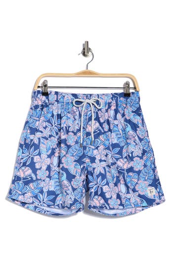 Vintage Summer Print Volley Swim Trunks In Blue