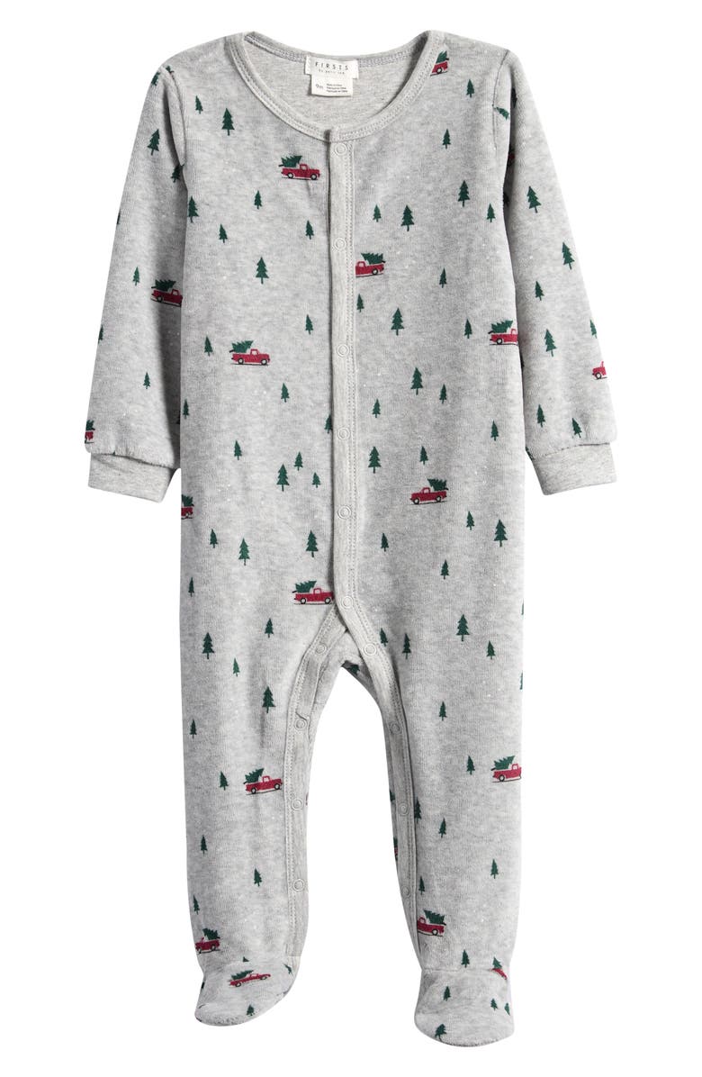 Petit Lem Festive Truck Print Fitted One-Piece Velour Pajamas, Main, color, Medium Heather Grey