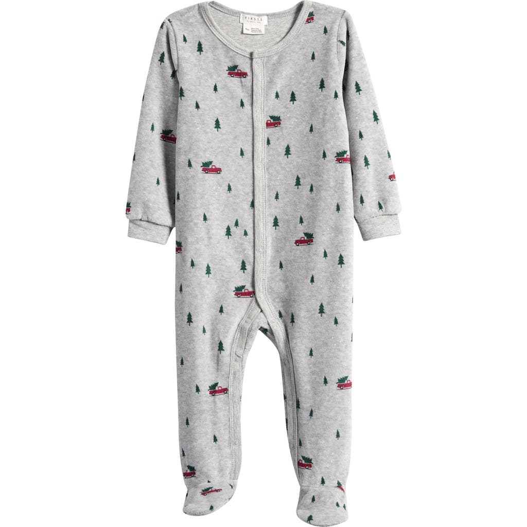 Petit Lem Festive Truck Print Fitted One-Piece Velour Pajamas in Medium Heather Grey