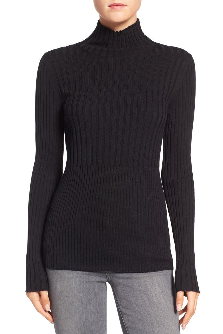 Ribbed Long Sleeve Turtleneck Top, Main, color, BLACK