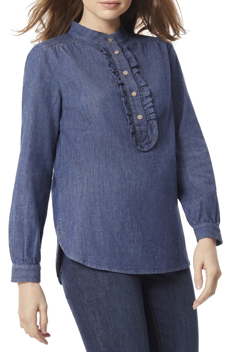 Jones New York Ruffle Accent Stretch Cotton Denim Tunic Top, Alternate, color, Indigo Dark Wash