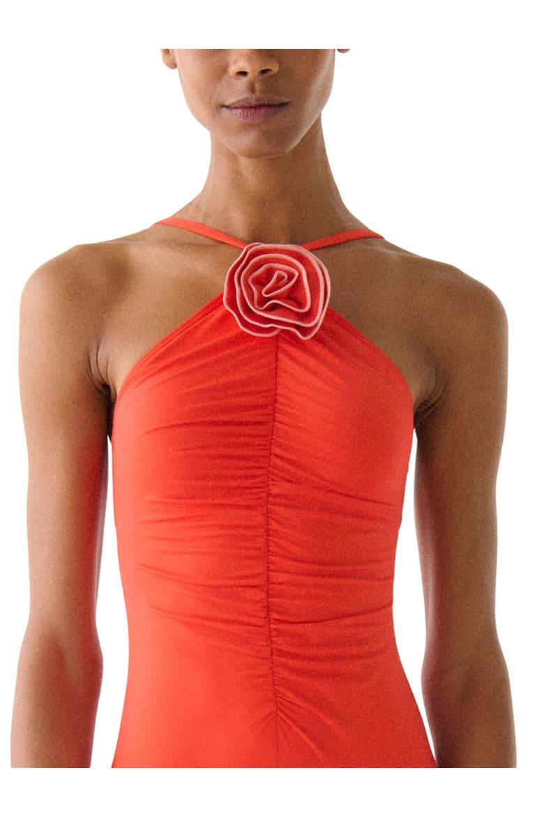 Contrast Rosette Solids High Neck One Piece Swimsuit, Alternate, color, Goji Berry