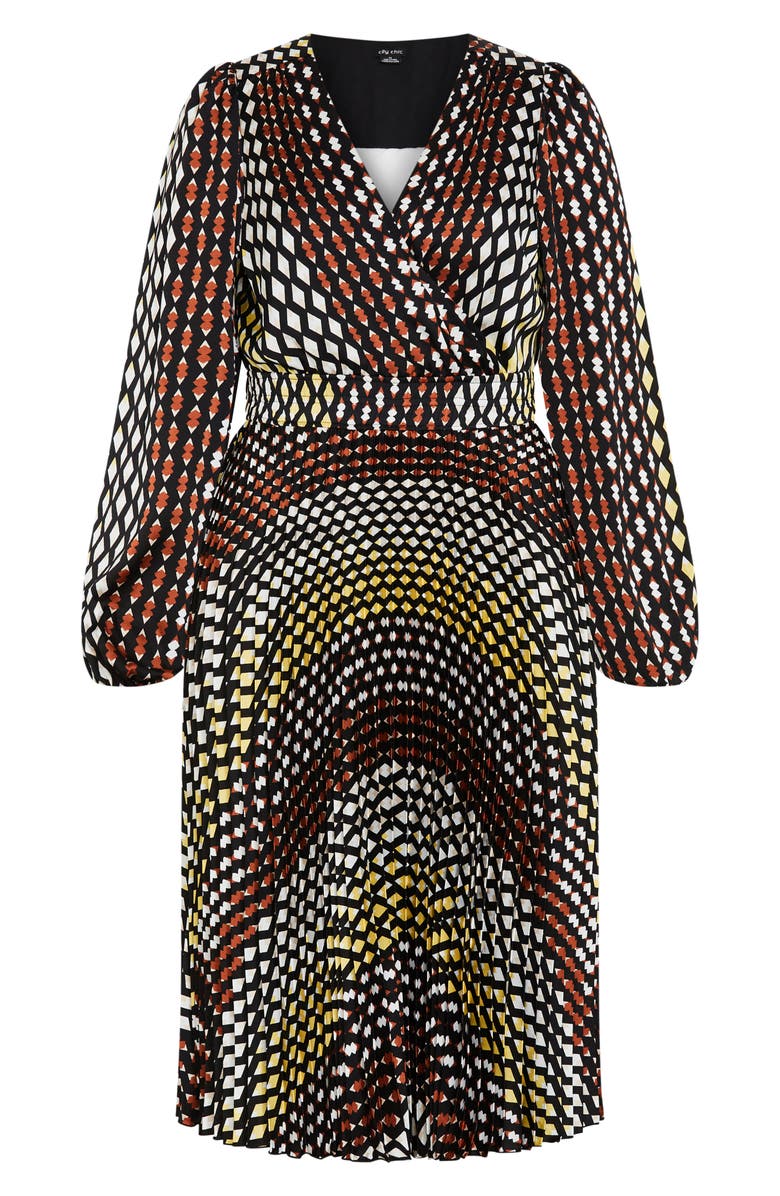 City Chic Jen Geo Print Long Sleeve Pleated Dress, Main, color, 