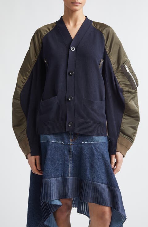 Mixed Media Knit & Nylon Twill Cardigan