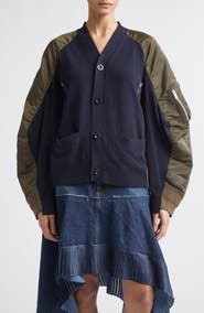 Sacai Mixed Media Knit & Nylon Twill Cardigan