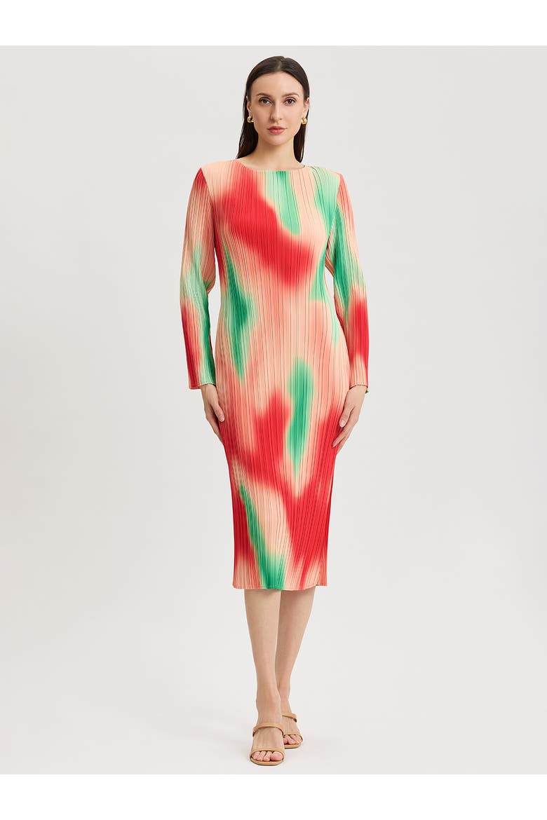 Micro Pleated Print Crepe Midi Dress, Main, color, Cherry Ember/Peach/Green