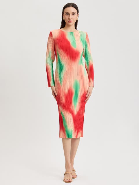 Micro Pleated Print Crepe Midi Dress