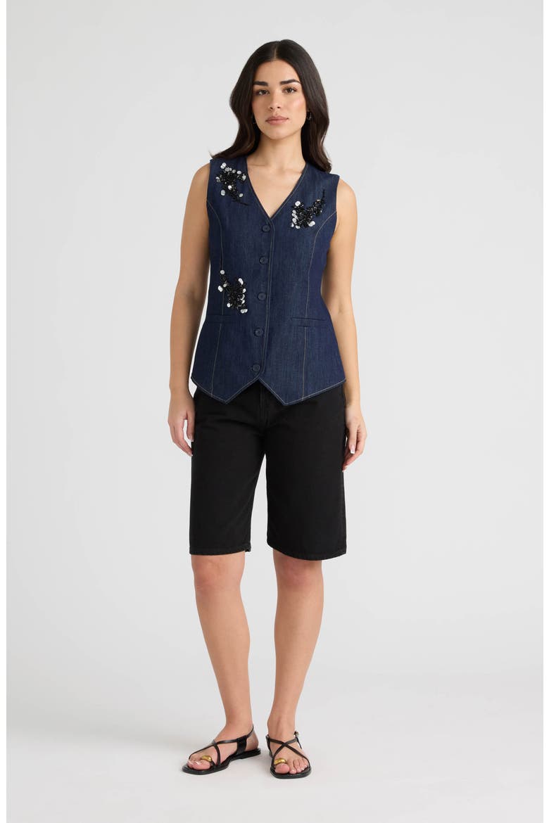 Embellished Denim Vest, Alternate, color, DARK DENIM