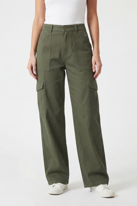 High Waist Cotton Wide Leg Cargo Pants