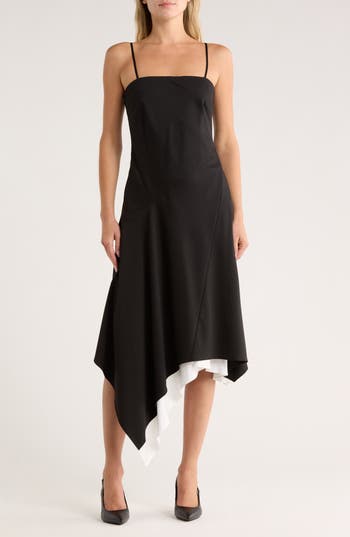 Helmut Lang Asymmetric Scarf Hem Virgin Wool Dress In Black