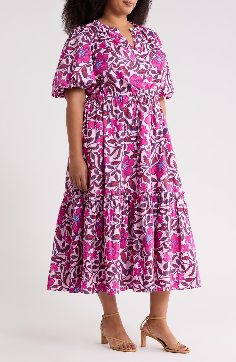 SUGARLIPS Floral Ginny Puff Sleeve Tiered Cotton Midi Dress, Alternate, color,