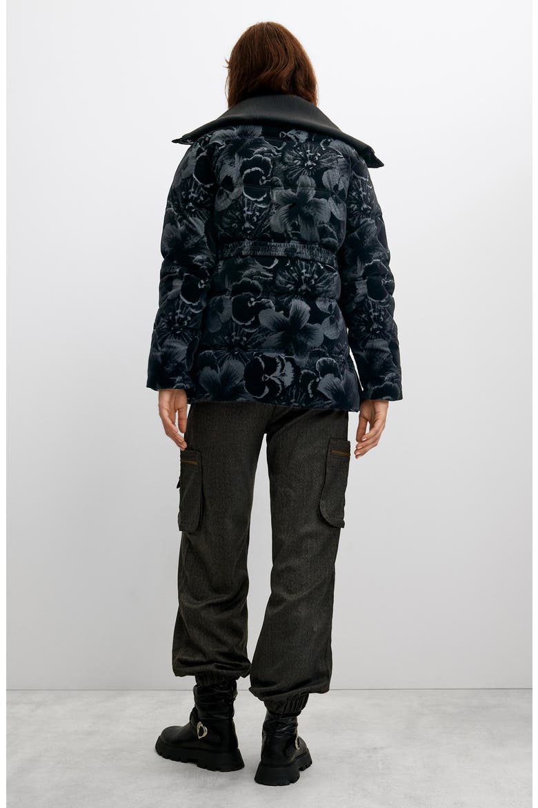 Floral Quilted Puffer Coat, Alternate, color, BLACK