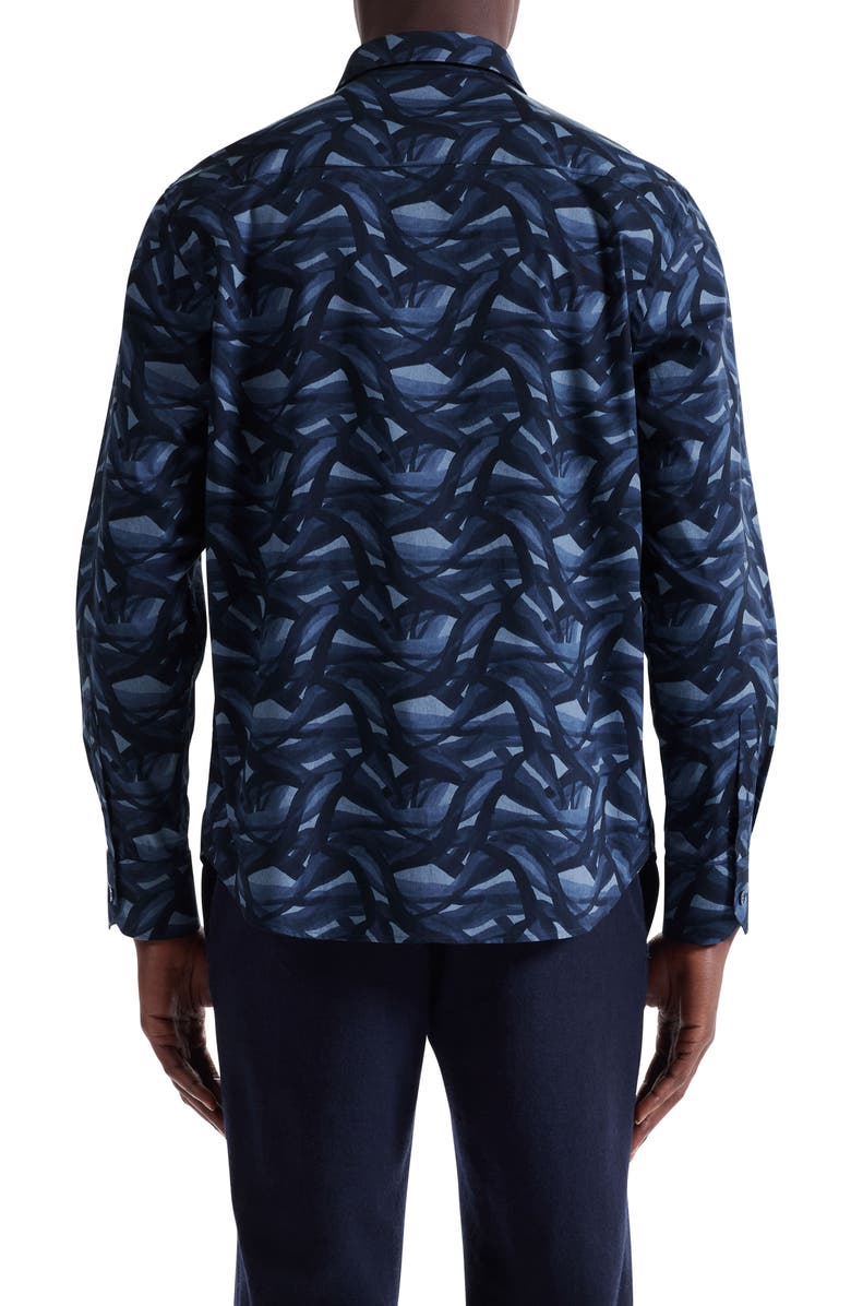 Bugatchi Julian Shaped Fit Abstract Wave Print Stretch Cotton Button-Up Shirt, Alternate, color, Navy