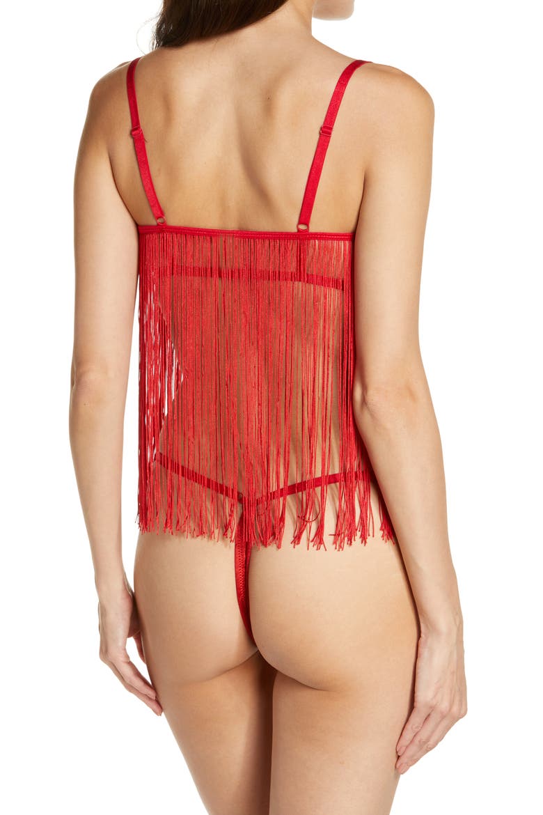 Lace & Fringe Underwire Bra & G-String Thong, Alternate, color, RED