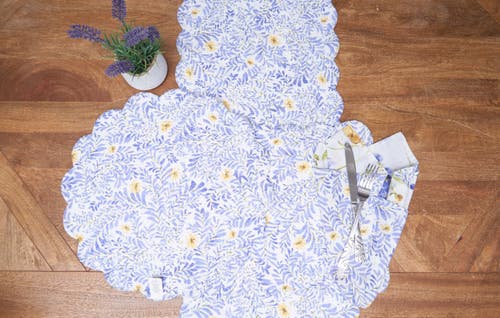 C & F Home C&f Home Lovely Blues Cotton Rectangle Table Runner 14" X 51" Floral Design All Seasons Kitchen Dini In White