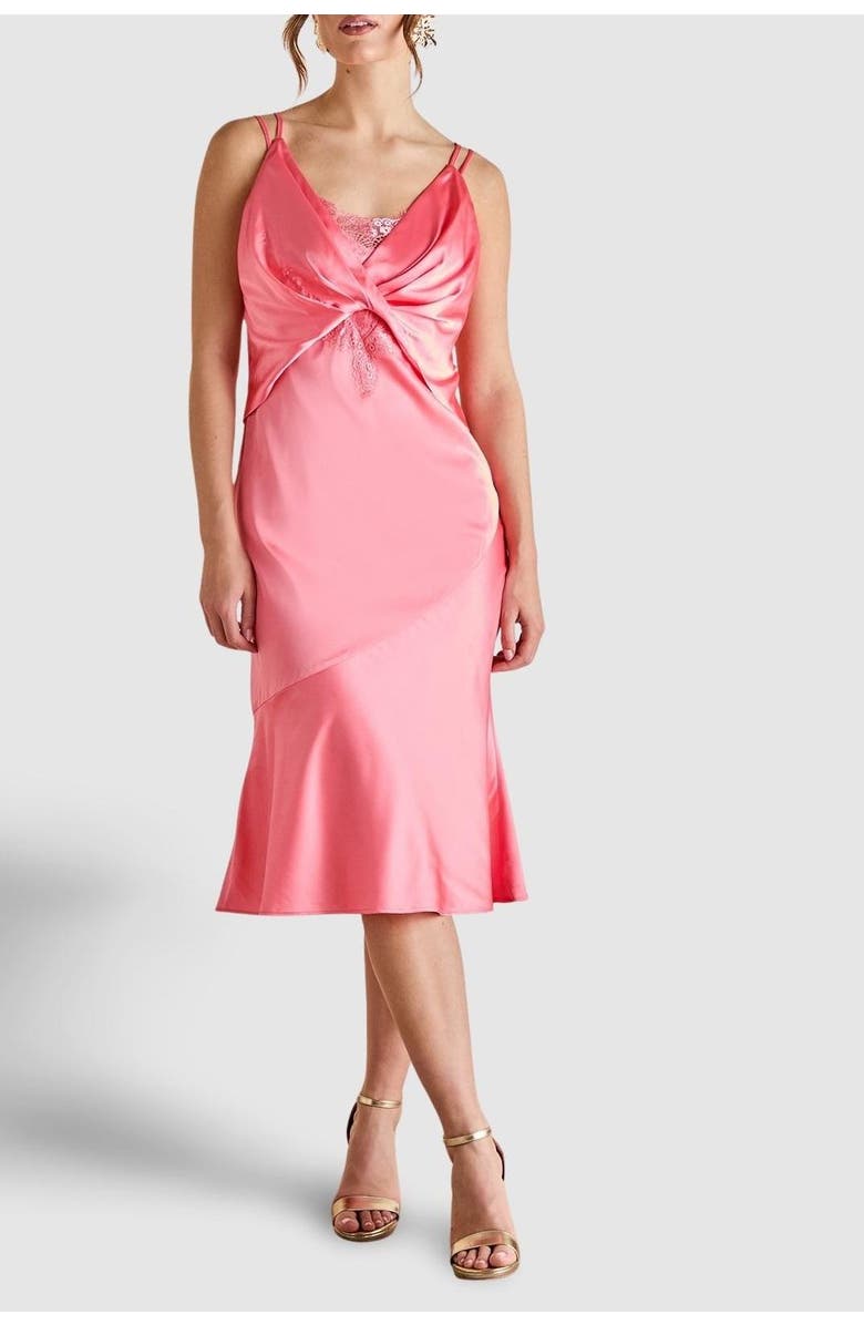 Coast Lace Insert Satin Fitted Dress, Alternate, color, Peach