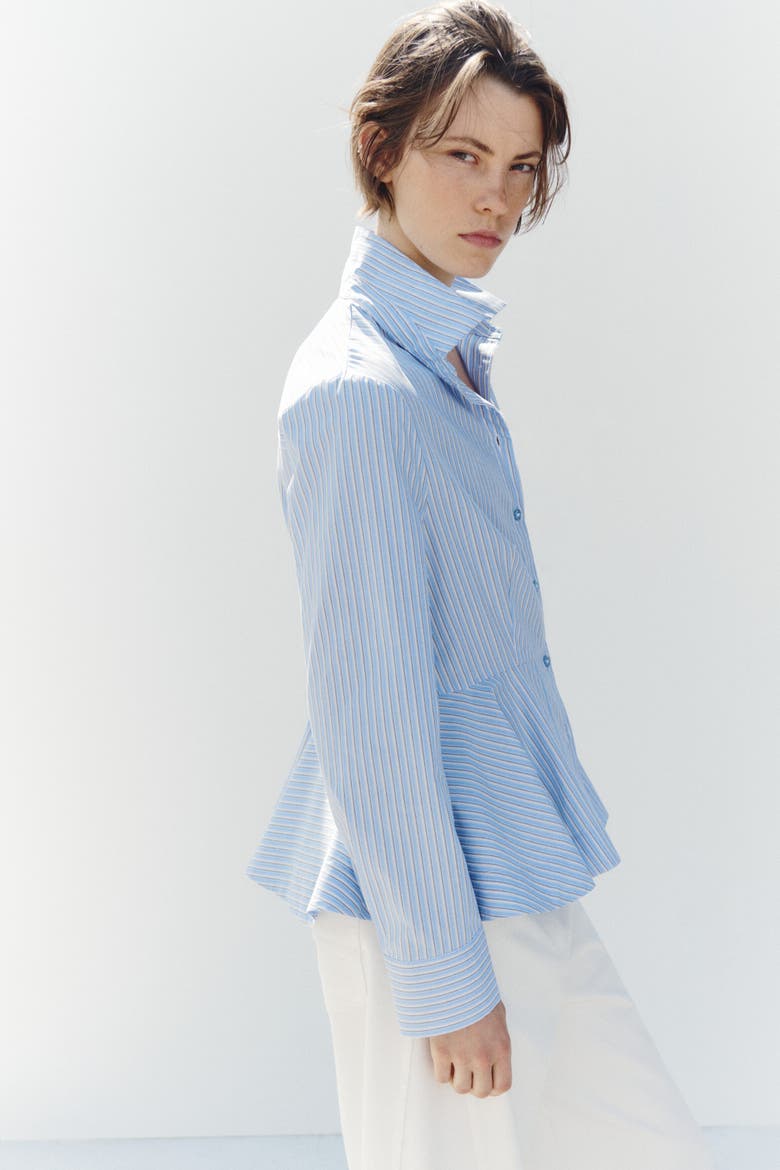 Cotton Peplum Shirt, Alternate, color, Light blue/pinstriped