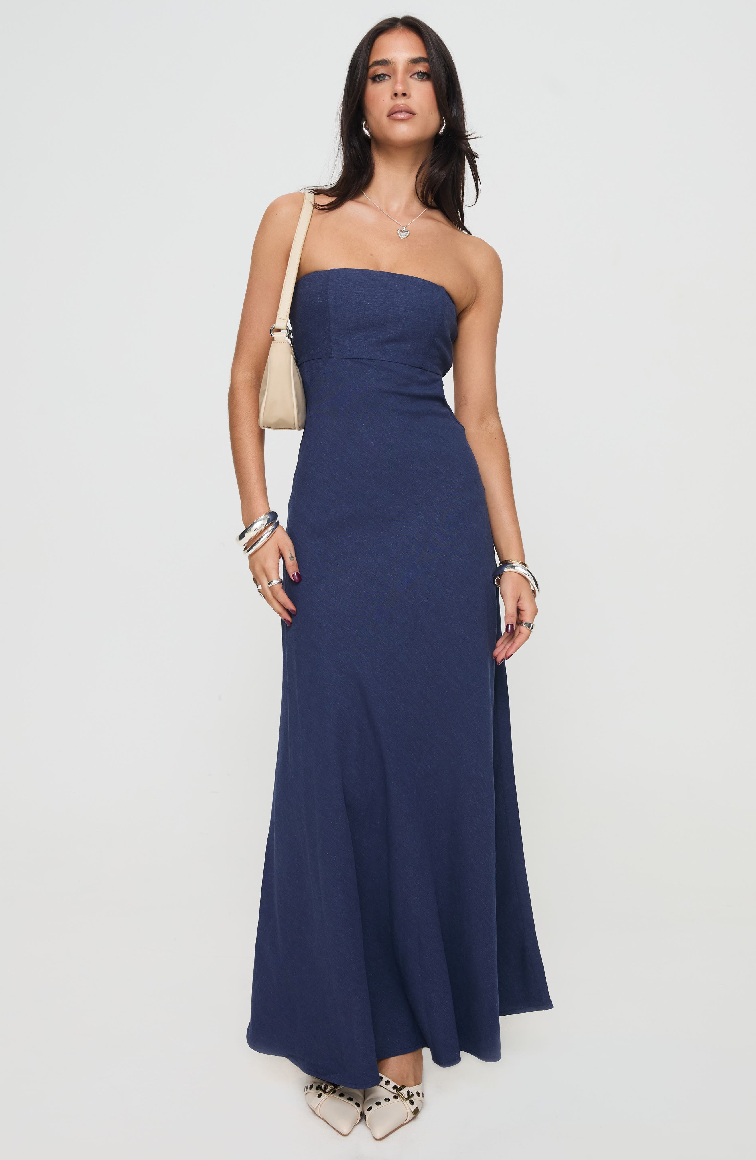 strapless ruched modal cashmere blend maxi dress in french navy Samper Strapless Maxi Dress Navy Lower Impact