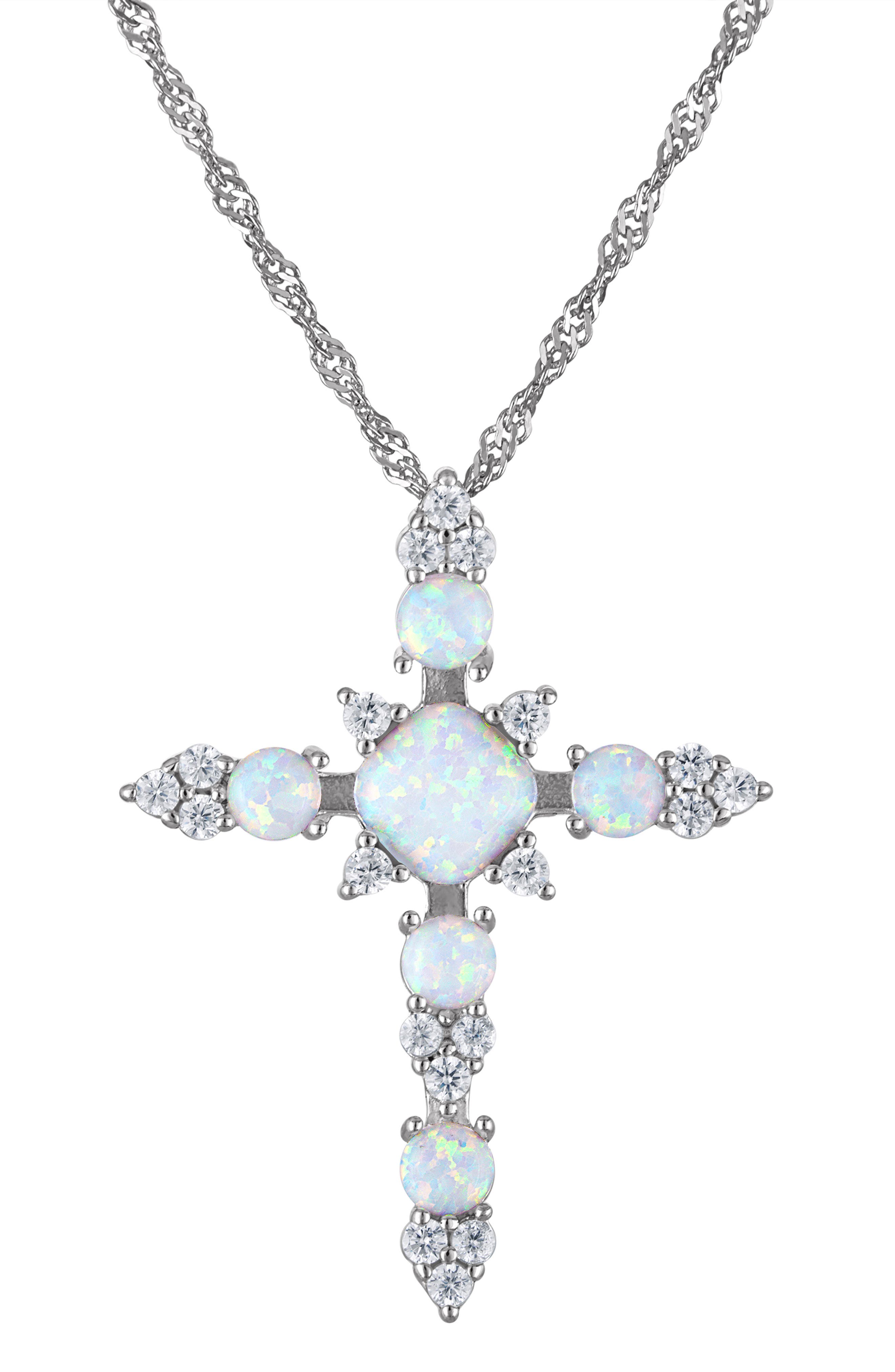 FZN Sterling Silver Lab-Grown Opal Cross Pendant Necklace
