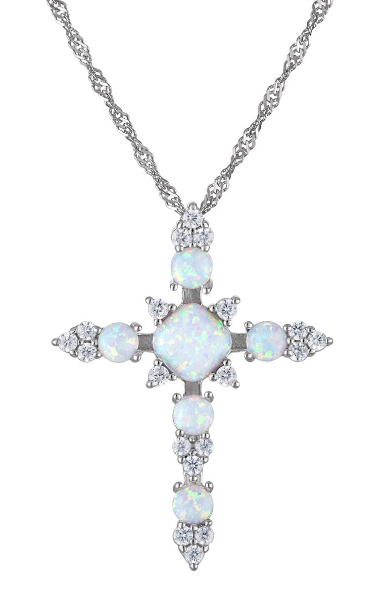 FZN Sterling Silver Opal & Cubic Zirconia Cross Pendant Necklace, Main, color, White
