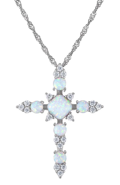 Sterling Silver Opal & Cubic Zirconia Cross Pendant Necklace