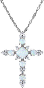 FZN Sterling Silver Lab-Grown Opal Cross Pendant Necklace