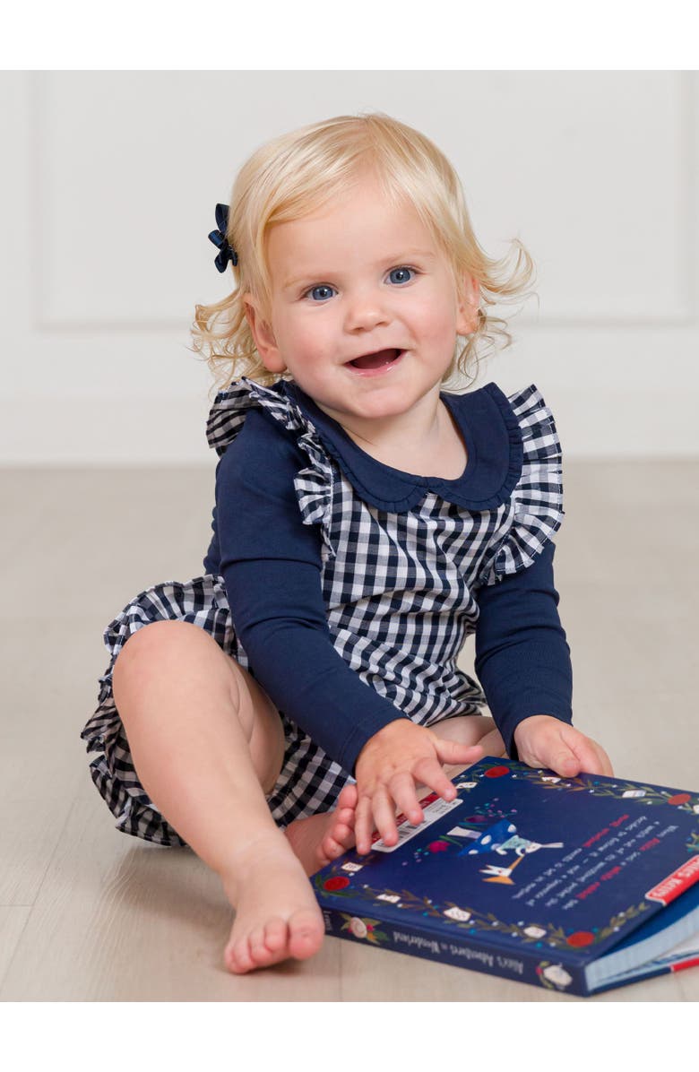RuffleButts Flutter Overall Romper, Alternate, color, Classic Dark Navy Gingham