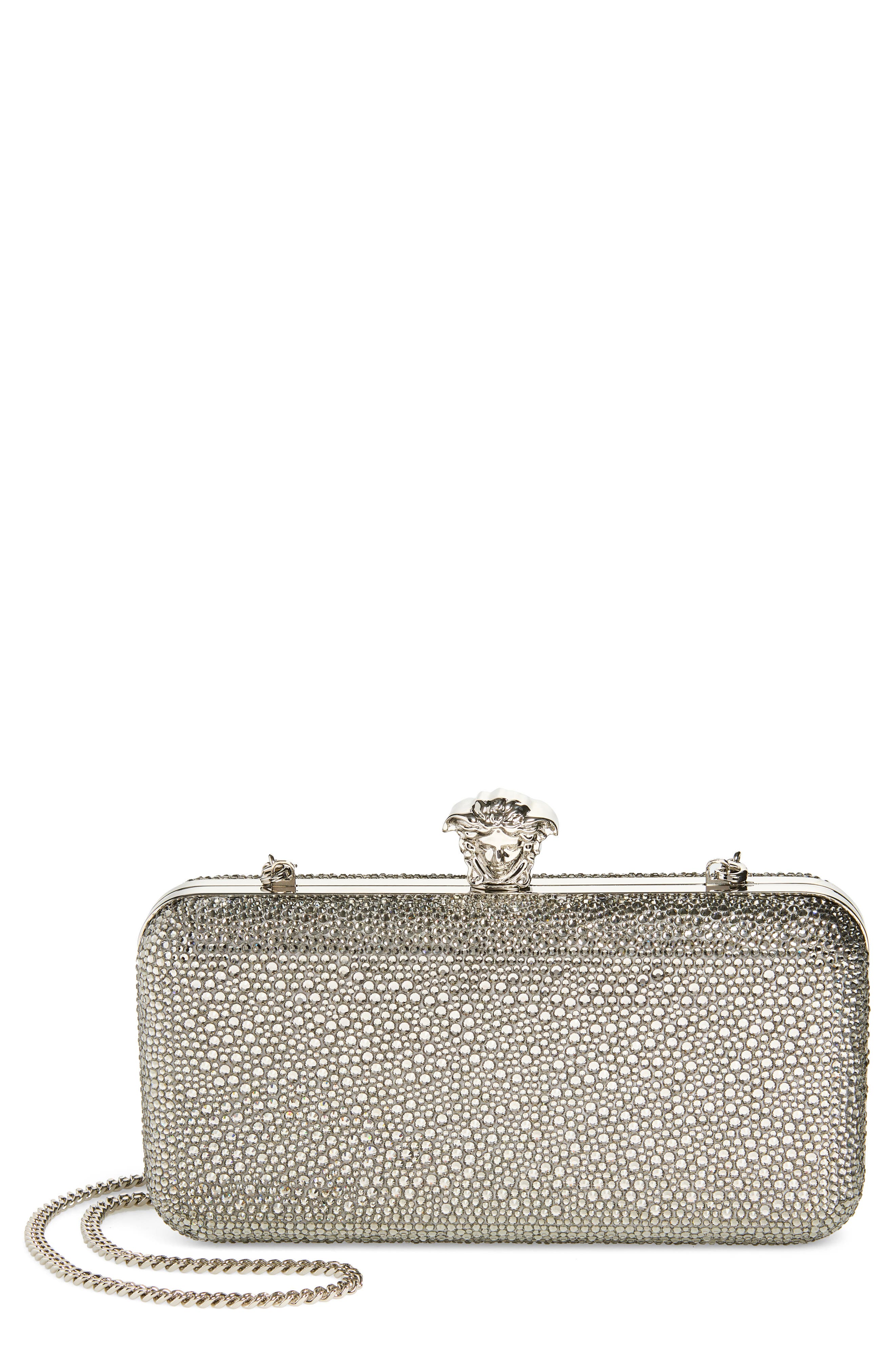 Versace Embellished Clutch, Main, color, Pearl Grey-Palladium