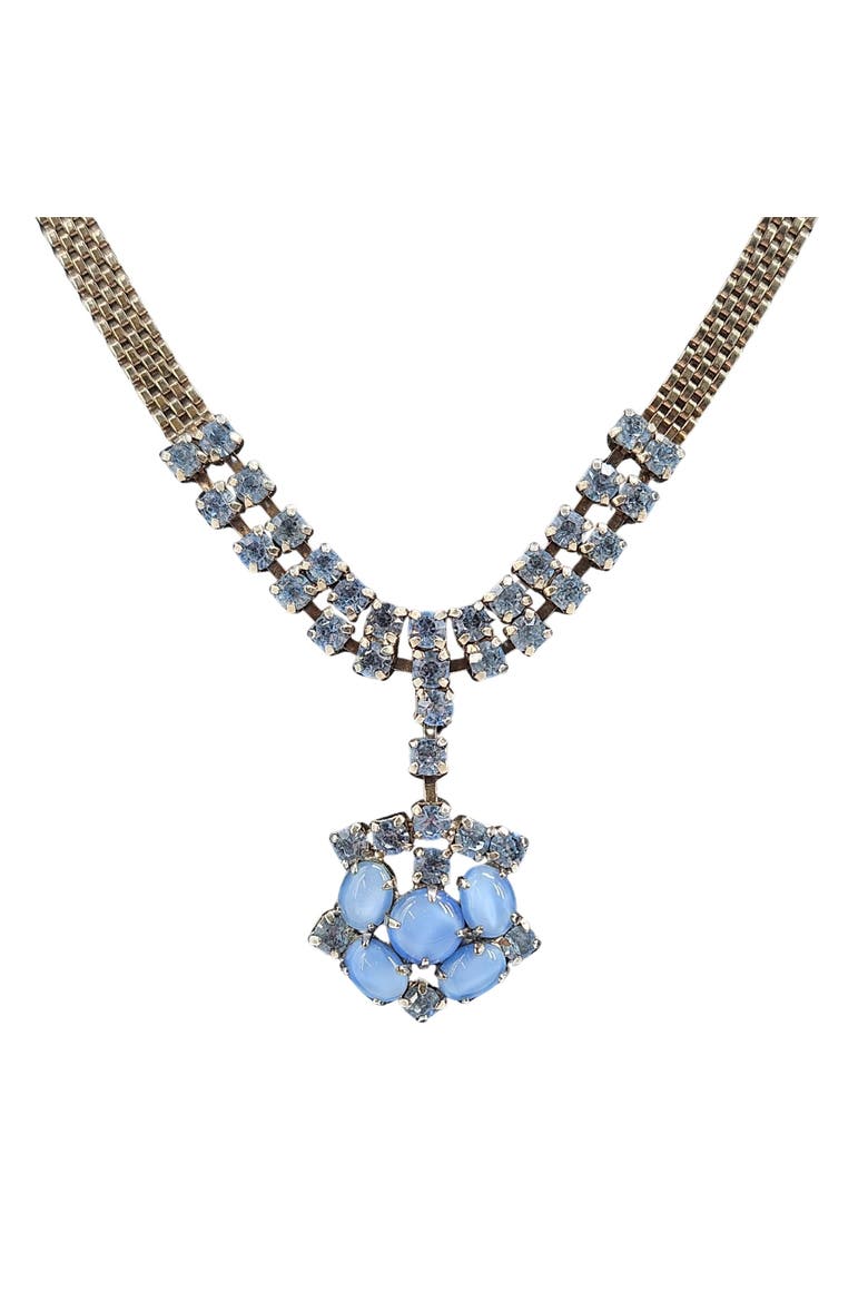 Vintage 1940/50s Blue Glass Stone Silver Mesh Necklace, Main, color, Blue
