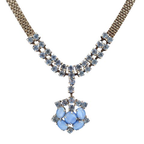 Vintage 1940/50s Blue Glass Stone Silver Mesh Necklace