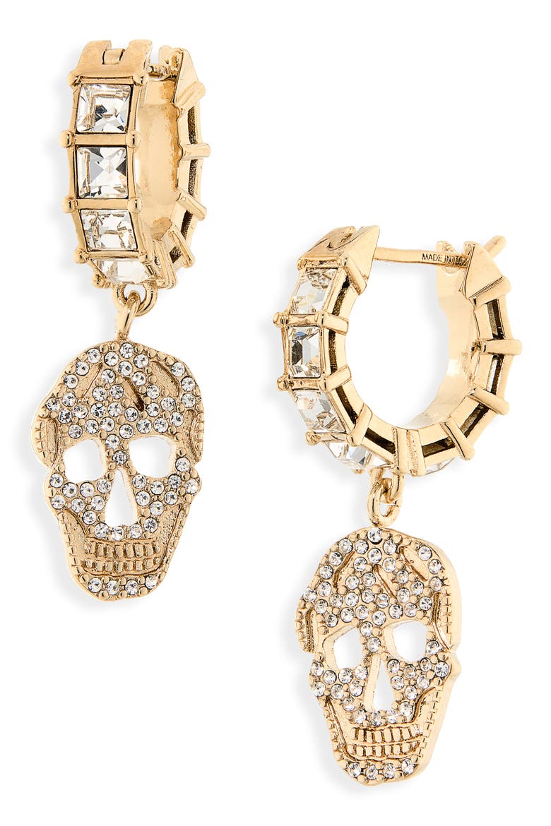 Pavé Skull Hoop Drop Earrings, Main, color, PALE GOLD