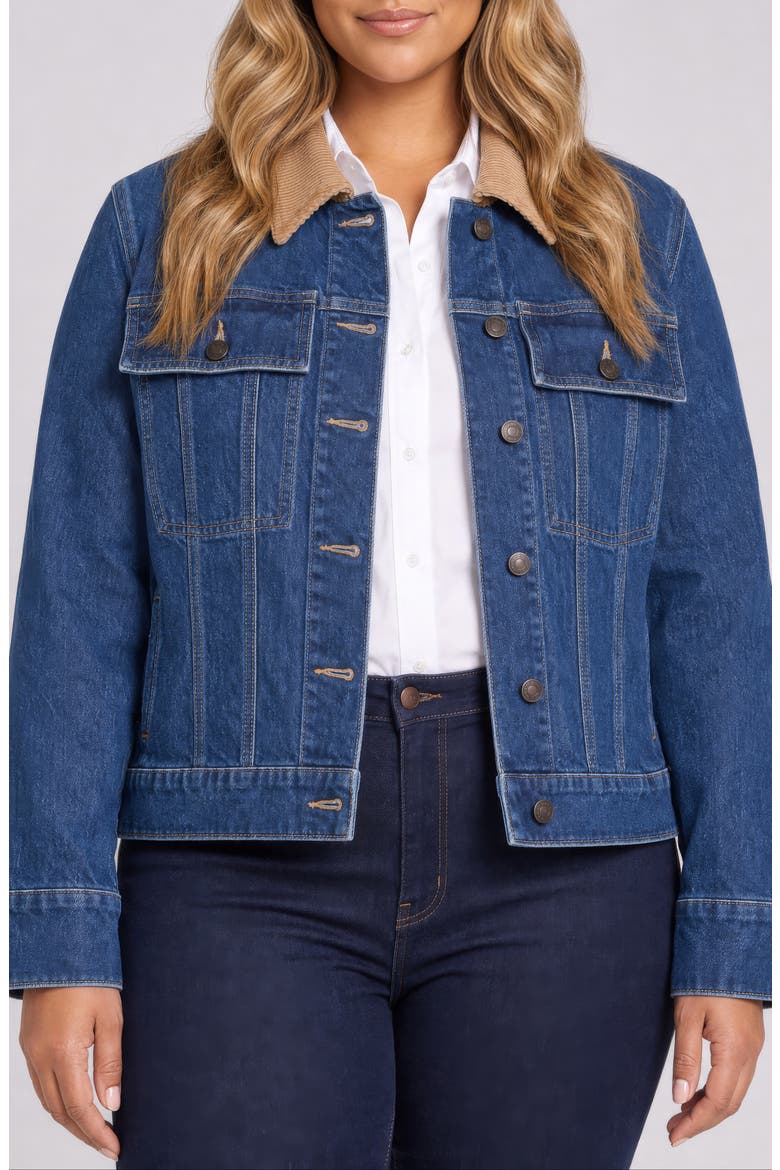 Corduroy Collar Cotton Blend Denim Jacket, Main, color, SEA HOLLY