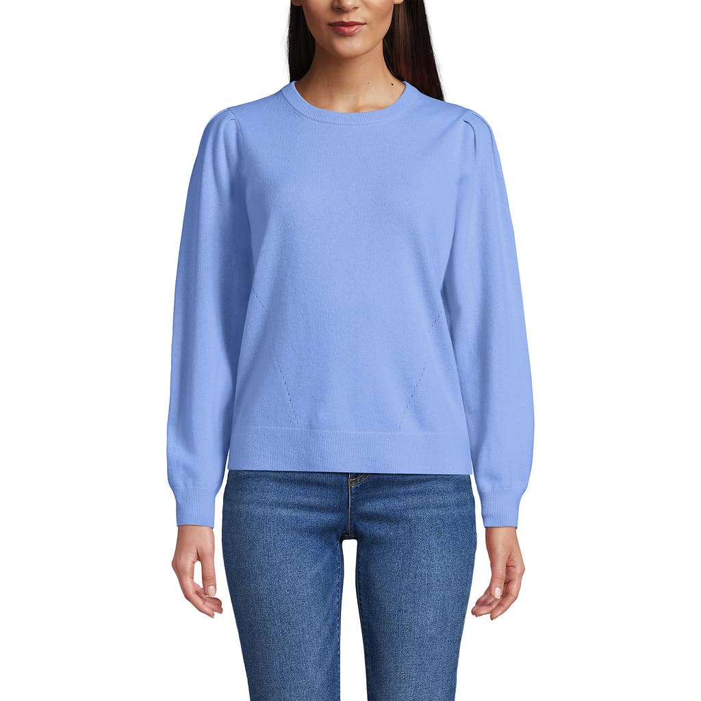 Lands' End Cashmere Puff Sleeve Crew Neck Sweater In Blue