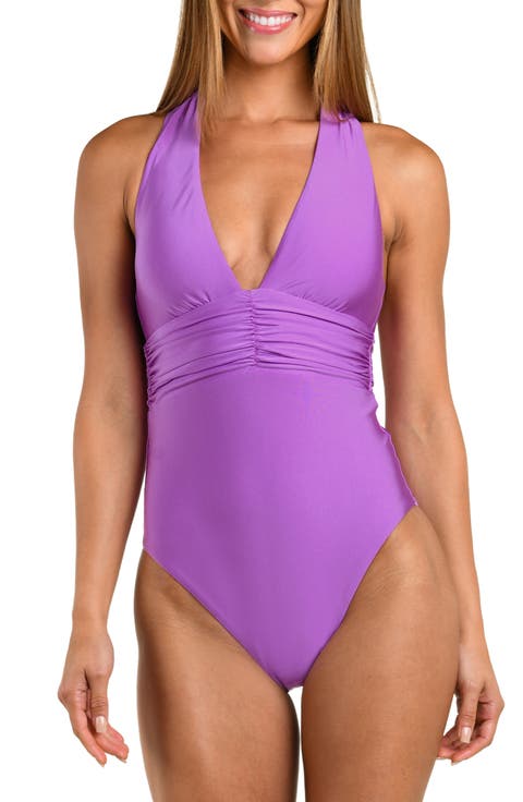 Solids Ruched Plunge One-Piece Swimsuit