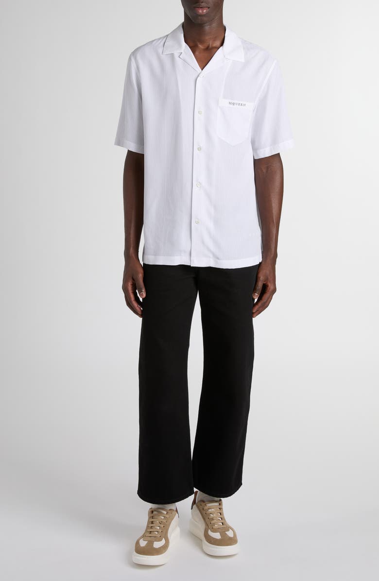 McQueen Pinstripe Logo Embroidered Camp Shirt, Main, color, White-Charcoal