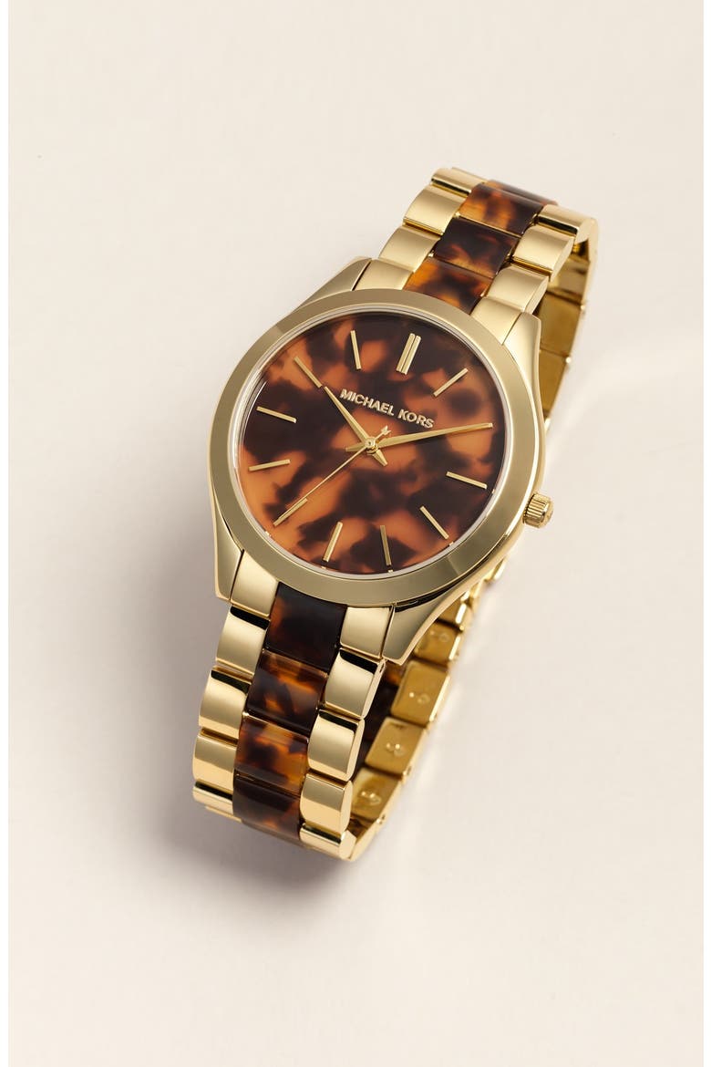 Michael Kors 'Slim Runway' Round Bracelet Watch, 42mm, Alternate, color, HORN/ GOLD