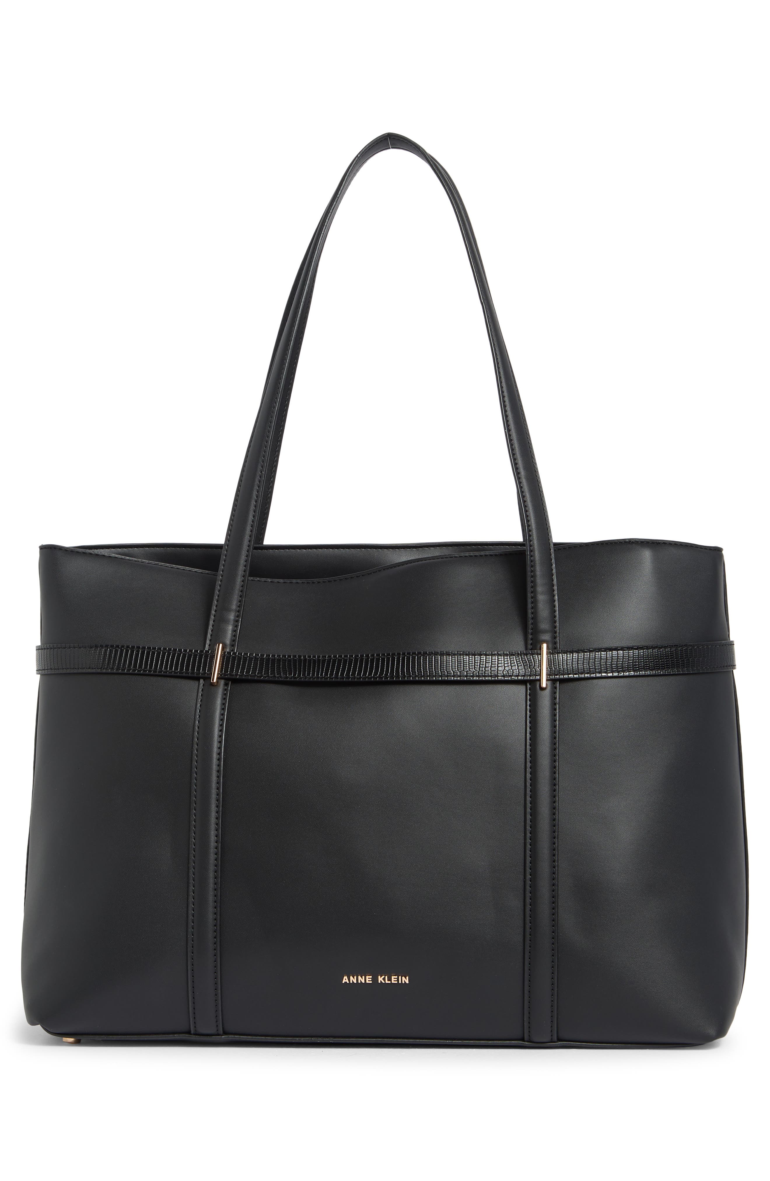 Buckle Faux Leather Tote, Alternate, color, BLACK/BLACK