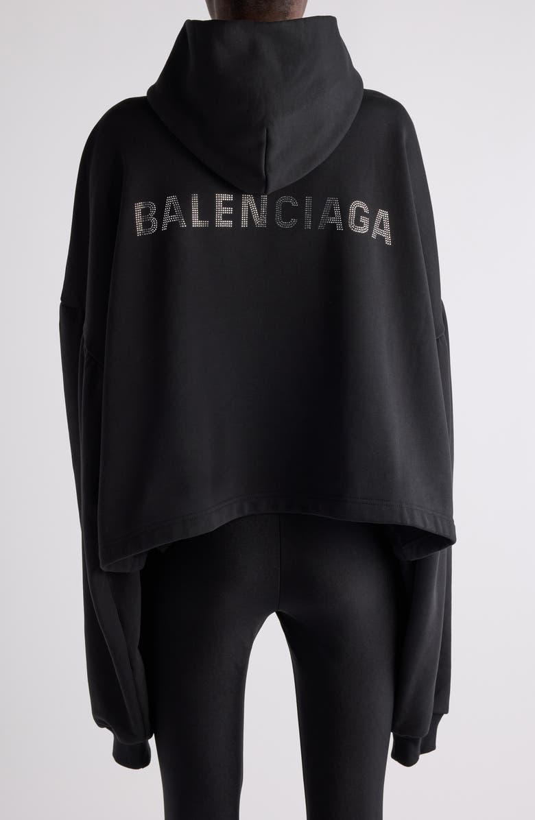 Balenciaga Crystal Logo Crop Cotton Archetype Fleece Hoodie, Alternate, color, 