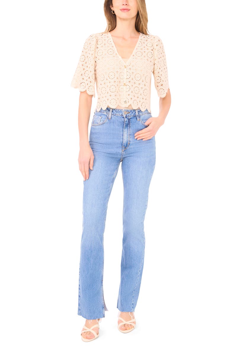Eyelet Lace V-Neck Short Sleeve Top, Alternate, color, EGGNOG