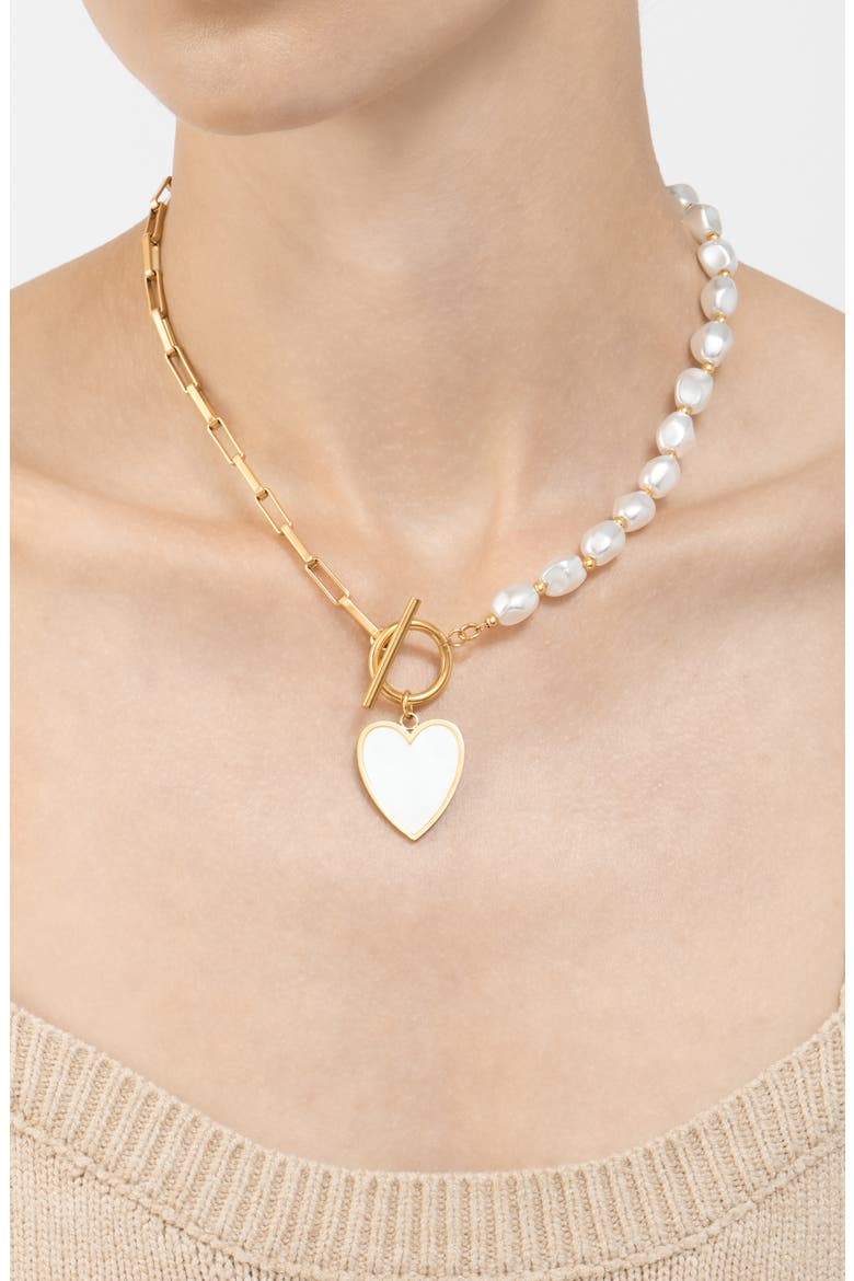 14K Yellow Gold Plated 10mm Pearl Heart Pendant Necklace, Alternate, color, WHITE