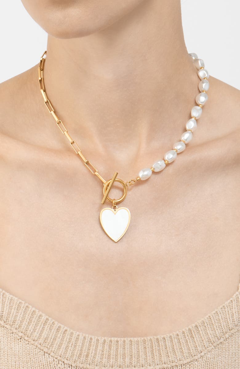 Adornia 14K Yellow Gold Plated 10mm Pearl Heart Pendant Necklace, Alternate, color, White