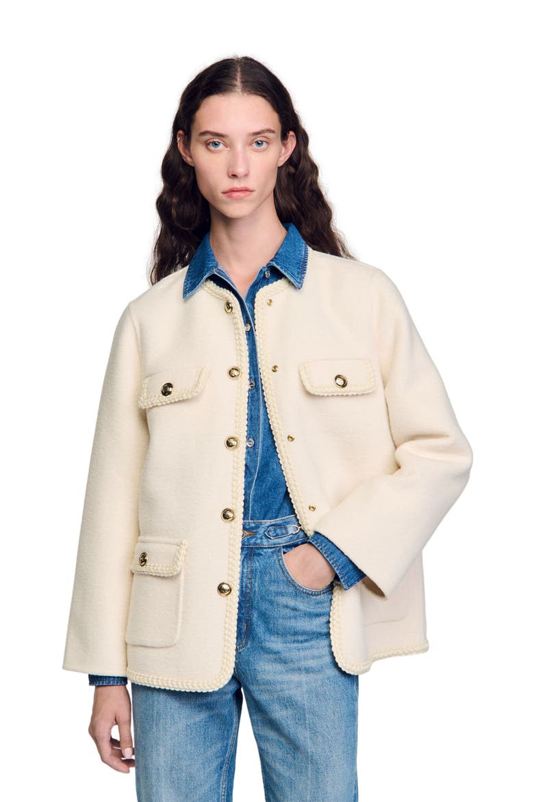 Coat with braided trim, Alternate, color, Ecru