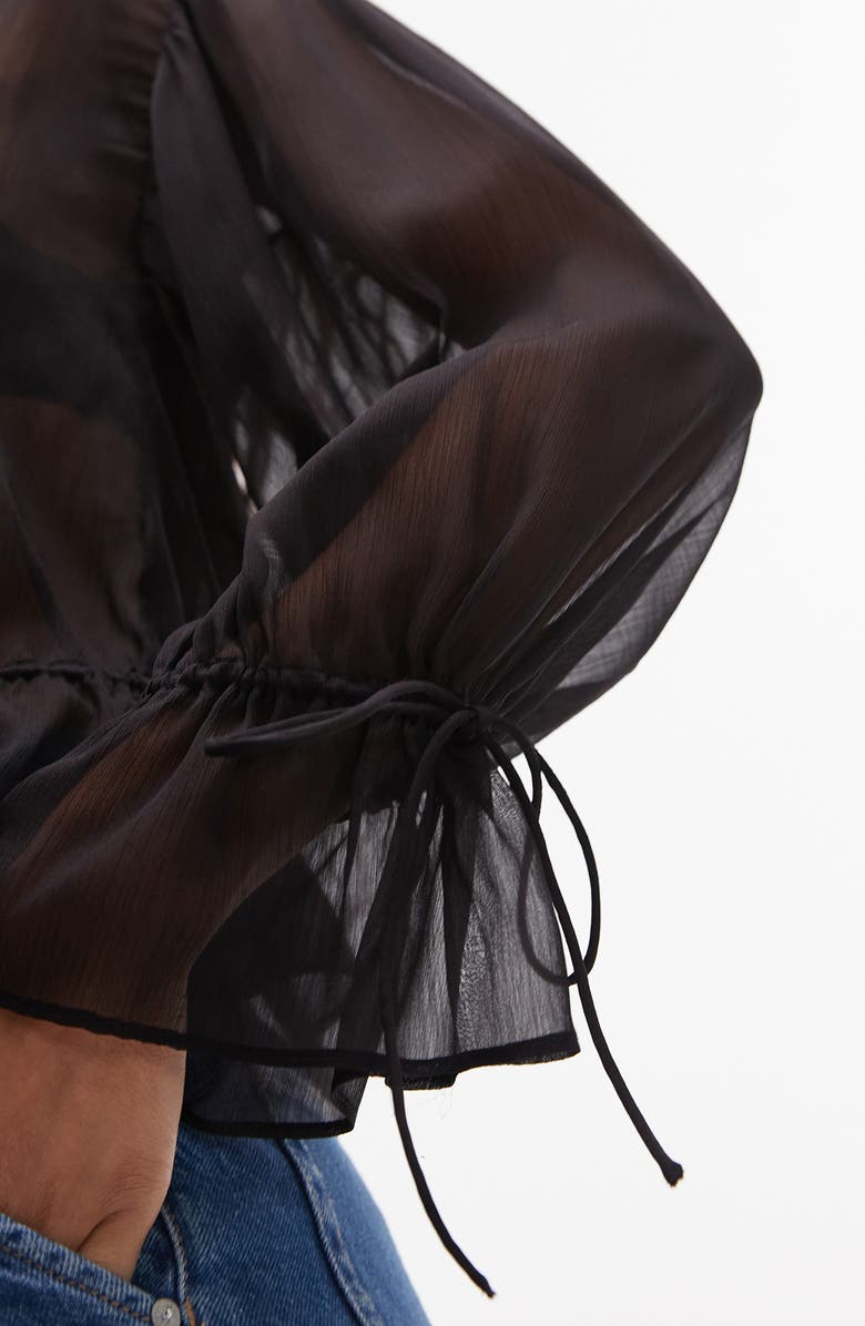 Topshop Ruffle Tie Front Sheer Top, Alternate, color, Black