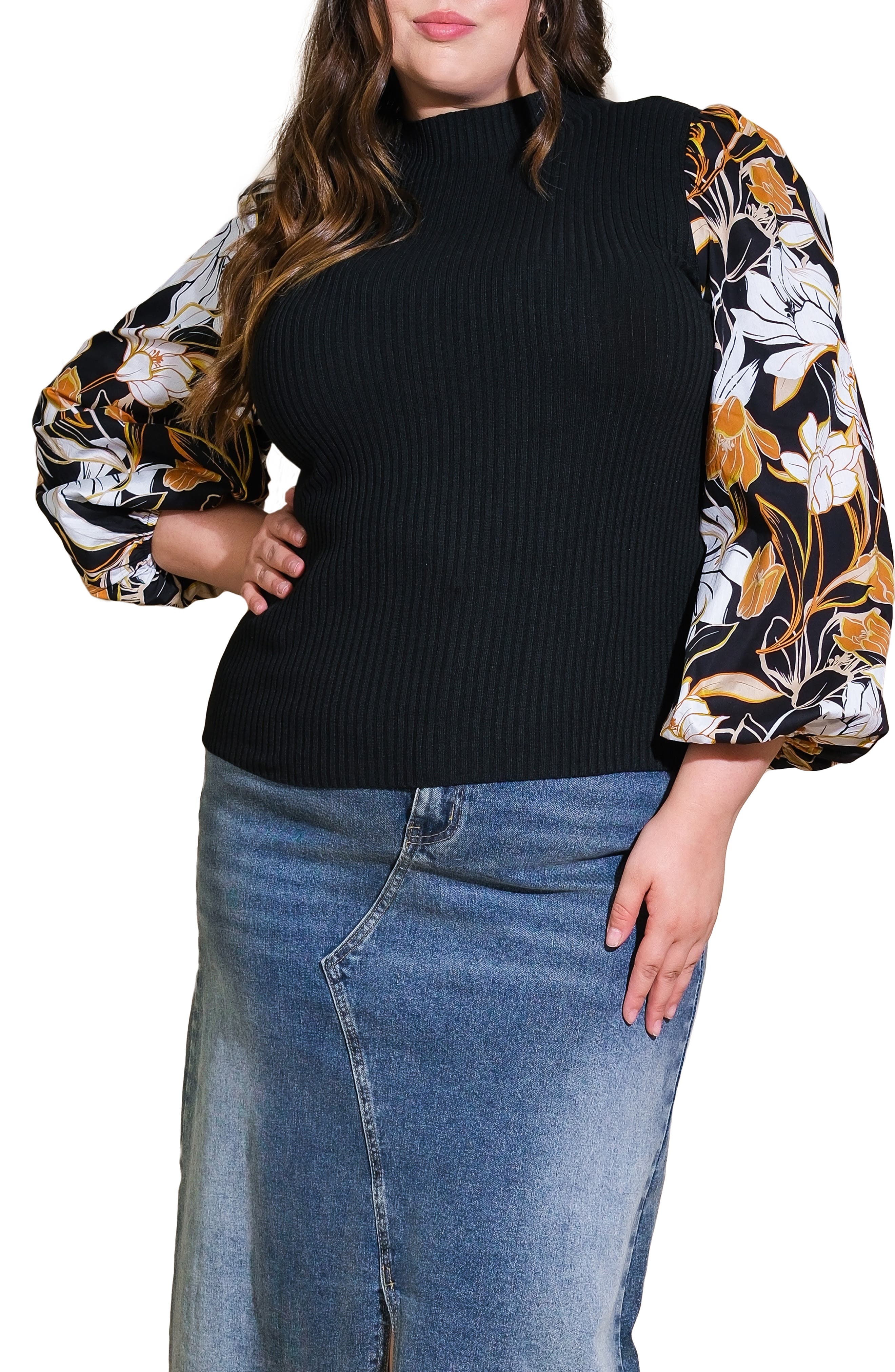 FLYING TOMATO Floral Balloon Sleeve Mixed Media Sweater