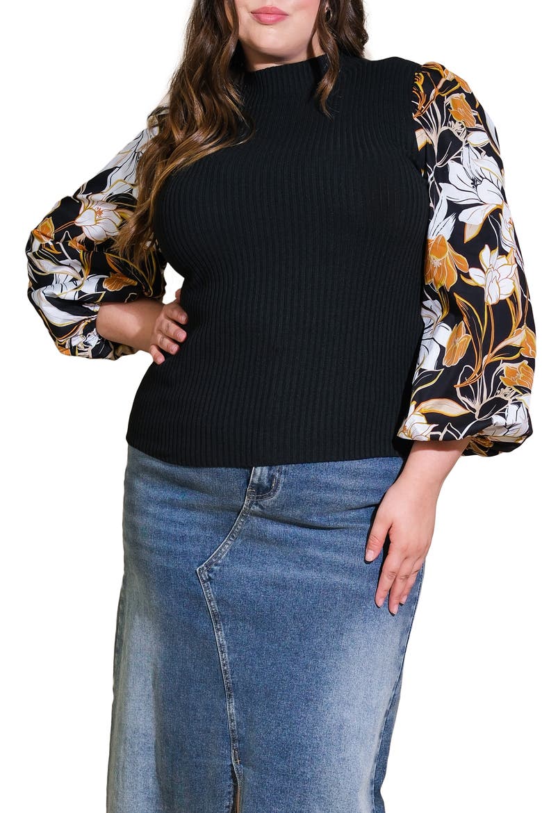 Floral Balloon Sleeve Mixed Media Sweater, Main, color, BLACK
