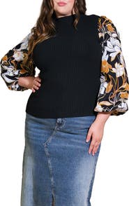 FLYING TOMATO Floral Balloon Sleeve Mixed Media Sweater